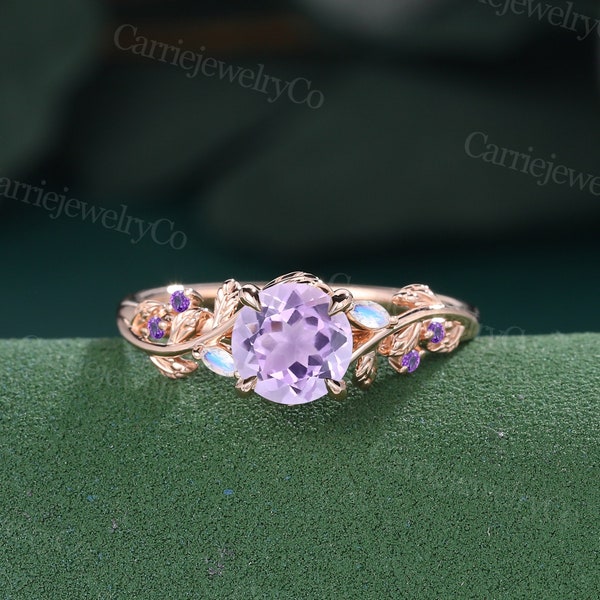 Amethyst Engagement ring Vintage Rose Gold Cluster Marquise Moonstone Amethyst Party ring Leaf ring Promise Anniversary gift for women