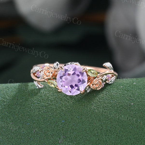 Amethyst Engagement ring Vintage Rose Gold Cluster Marquise Olivine ring Party ring Flower Leaf ring Promise ring Anniversary gift for women