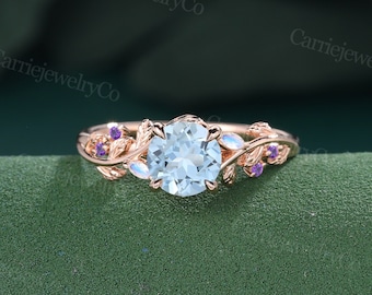 Aquamarine Engagement ring Vintage Rose Gold Cluster Marquise Moonstone Amethyst Party ring Leaf ring Promise Anniversary gift for women