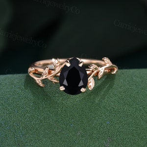 Anillo de ónix negro en forma de pera Anillo de compromiso vintage de oro rosa Anillo de hoja art déco Anillo de ramita delicada Anillo de vid Anillo de promesa Anillo de aniversario