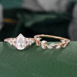 Pear shaped Moissanite engagement ring set Unique Rose gold ring Cluster Marquise diamond wedding ring Bridal set Promise Anniversary gift