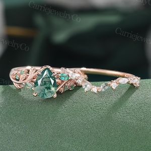 Pear shaped Moss Agate engagement ring set Vintage Rose gold ring set Marquise diamond ring Leaf ring Art deco Bridal set Anniversary gift