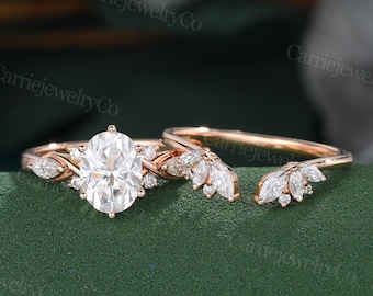Oval moissanite engagement ring set Vintage rose gold marquise diamond ring set Inspired bridal set Anniversary promise ring set Unique Ring