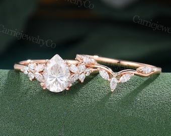 Pear shaped moissanite Engagement ring set Unique Rose Gold ring Cluster Marquise Diamond Wedding ring Wedding Promise Anniversary ring set