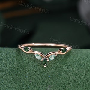 Zafiro azul verdoso talla marquesa, plata de ley, oro rosa, alianza de boda curva, ágata musgosa única, anillo apilable de boda de cinco piedras.
