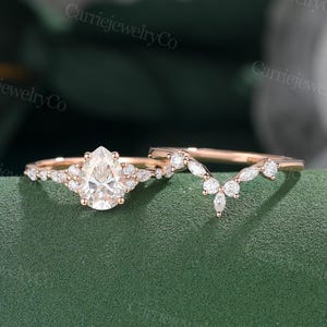 Tropfenförmiger Moissanit Verlobungsring Set Einzigartige Rose gold Ring Marquise Diamantring Art Deco Braut-Set Versprechensring Jahrestagsgeschenk