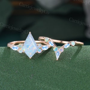 Kite cut Opal engagement ring set Unique rose gold ring set Marquise cut moonstone Opal ring Marriage Vintage bridal set Anniversary gift