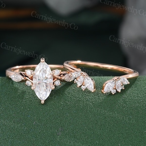 Marquise cut moissanite engagement ring set Vintage rose gold Marquise diamond ring set Bridal set Anniversary promise ring set Unique Ring