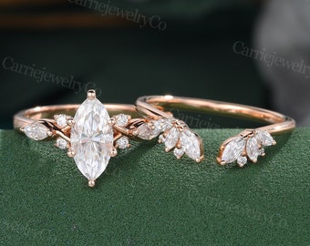 Conjunto de anillo de compromiso de moissanita de talla marquesa Conjunto de anillo de diamantes de marquesa de oro rosa vintage Conjunto de novia Conjunto de anillo de promesa de aniversario Conjunto de anillo único