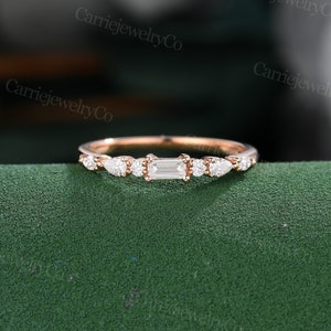 Rose gold wedding band Vintage Unique Half eternity Baguette cut Moissanite wedding band Stacking ring Matching Promise anniversary band