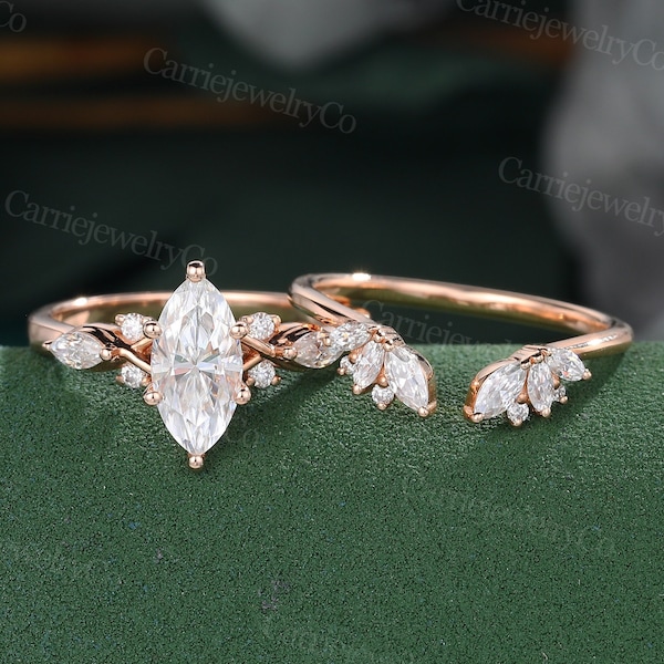 Marquise cut moissanite engagement ring set Vintage rose gold marquise diamond ring set Bridal set Anniversary promise ring set Unique Ring