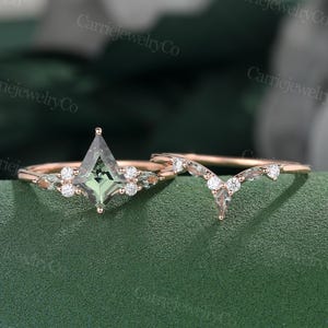 Kite cut Green Sapphire engagement ring set Unique Rose gold ring Marriage ring Art deco Diamond ring Bridal set Promise Anniversary gift