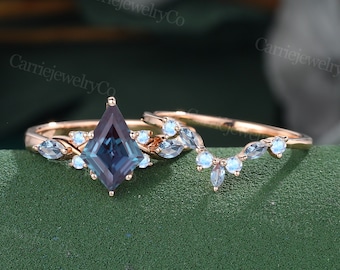 Kite cut Alexandrite engagement ring set unique rose gold marquise alexandrite Moonstone engagement ring art deco Marriage anniversary ring