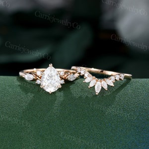 Pear shaped moissanite engagement ring set Solid Rose gold ring set Unique Marquise diamond ring set Bridal set Anniversary promise ring set