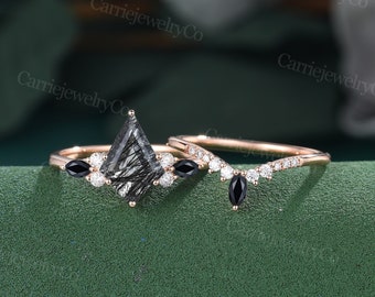 Kite cut Black Rutilated Quartz engagement ring set Rose gold ring Diamond Marquise Black Onyx ring Marriage Anniversary wedding ring set