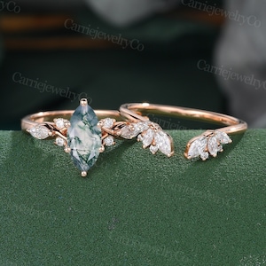 Marquise cut Moss Agate engagement ring set Vintage rose gold marquise diamond ring set Bridal set Anniversary promise ring set Unique Ring
