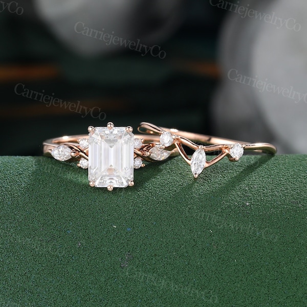Emerald cut moissanite engagement ring set Unique rose gold engagement ring set silver Diamond bridal set Promise Inspired anniversary Ring
