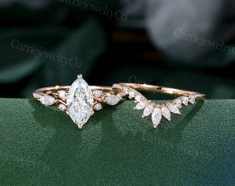 Marquise cut moissanite engagement ring set Unique rose gold ring set Art Deco wedding ring Bridal set Anniversary promise gift for her