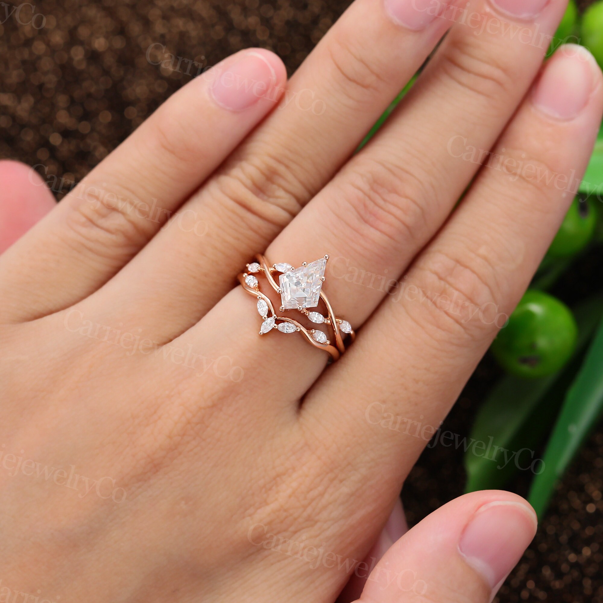 Kite Cut Moissanite Engagement Ring Set Vintage Rose Gold