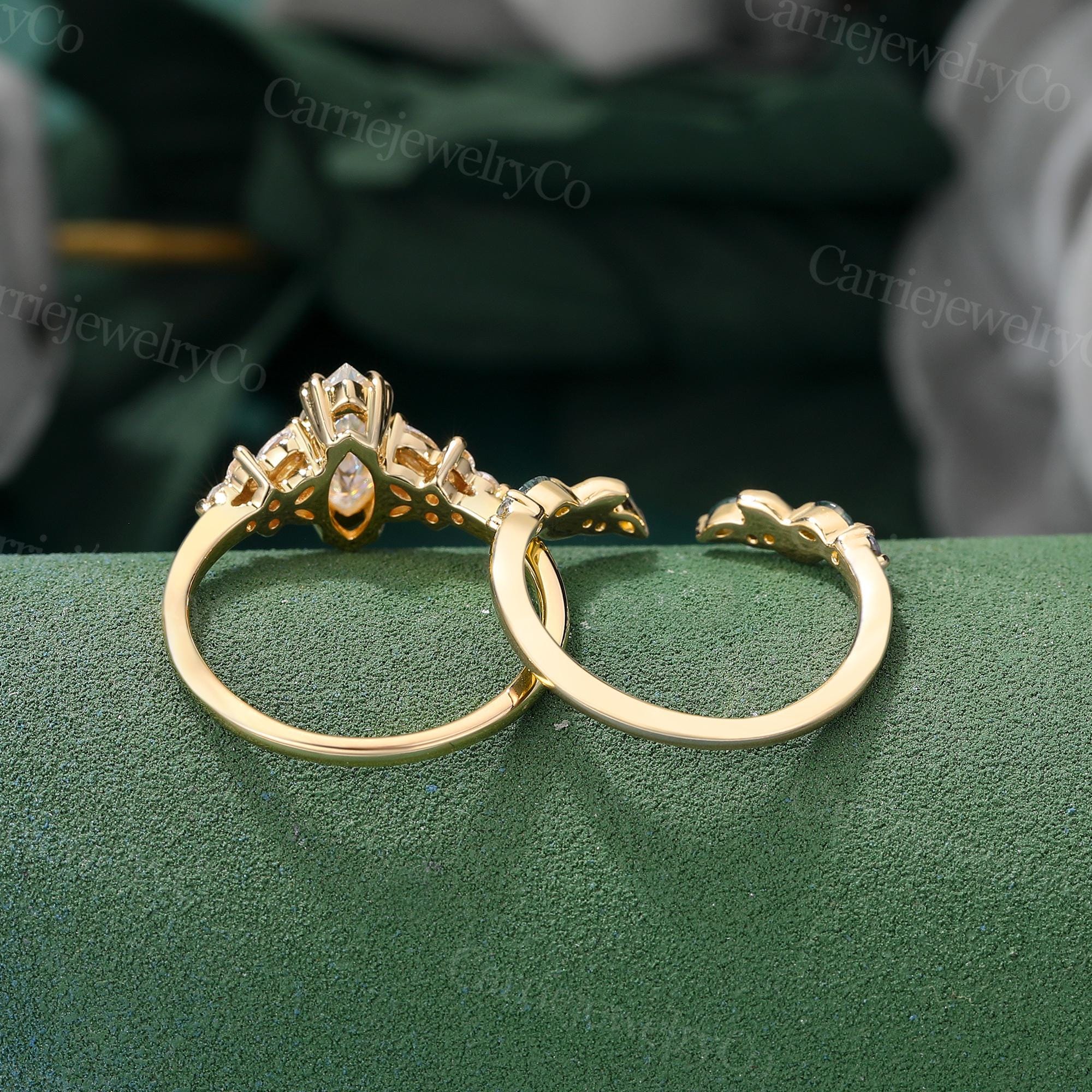 Marquise Cut Moissanite Engagement Ring Set Vintage Yellow Gold Ring ...