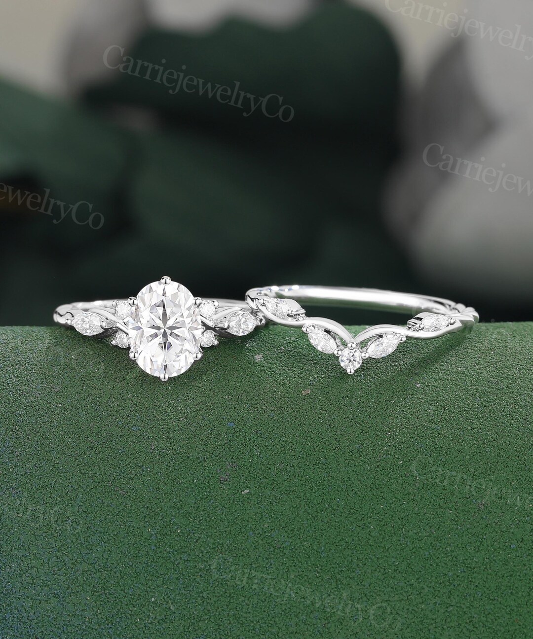 Oval Cut Moissanite Engagement Ring Set Unique White Gold 3/4 Eternity ...