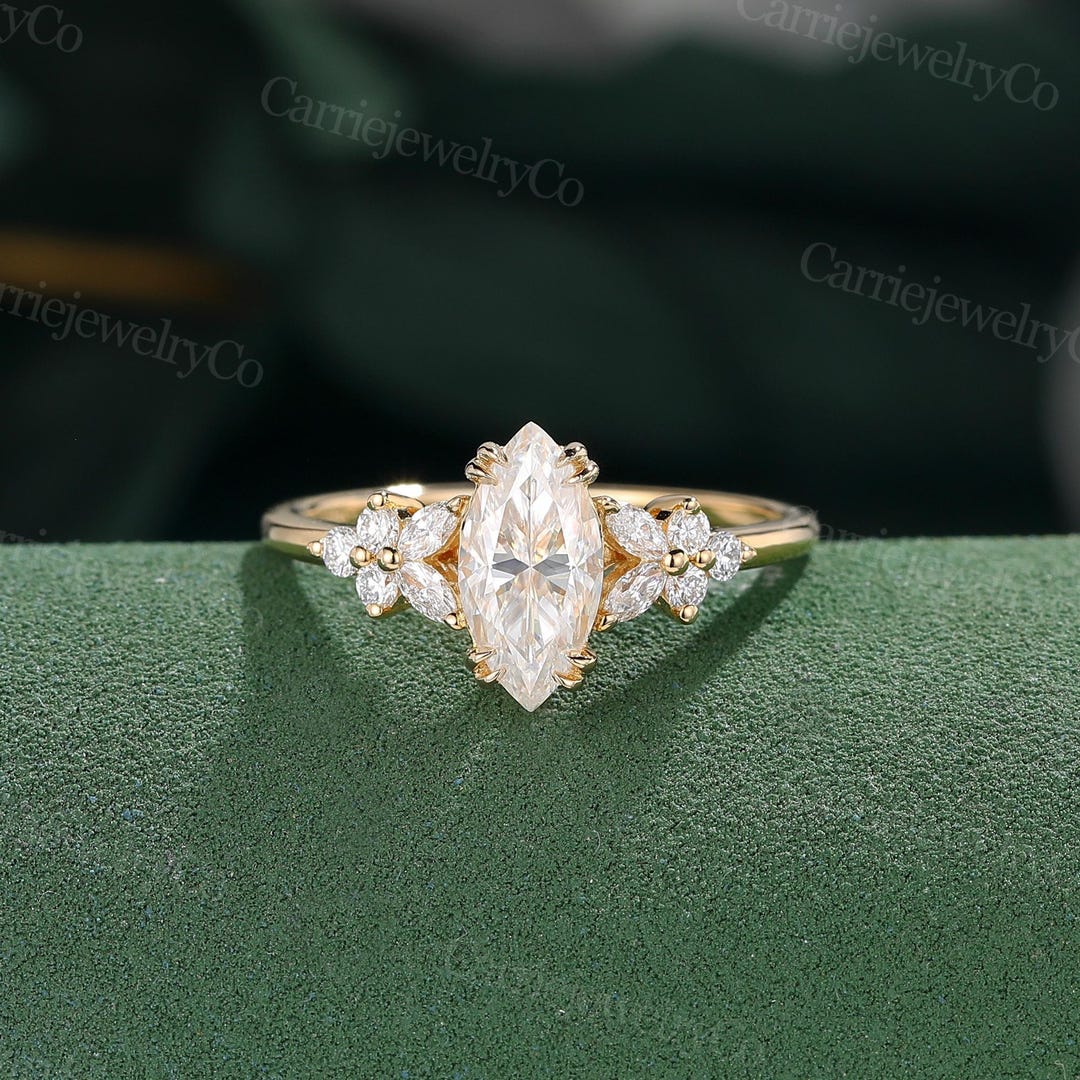 Marquise Cut Moissanite Engagement Ring Vintage Yellow Gold Ring ...