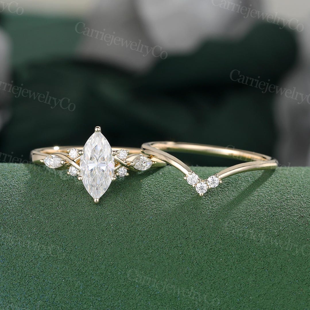 Marquise Cut Moissanite Engagement Ring Set Vintage Yellow Gold Ring ...