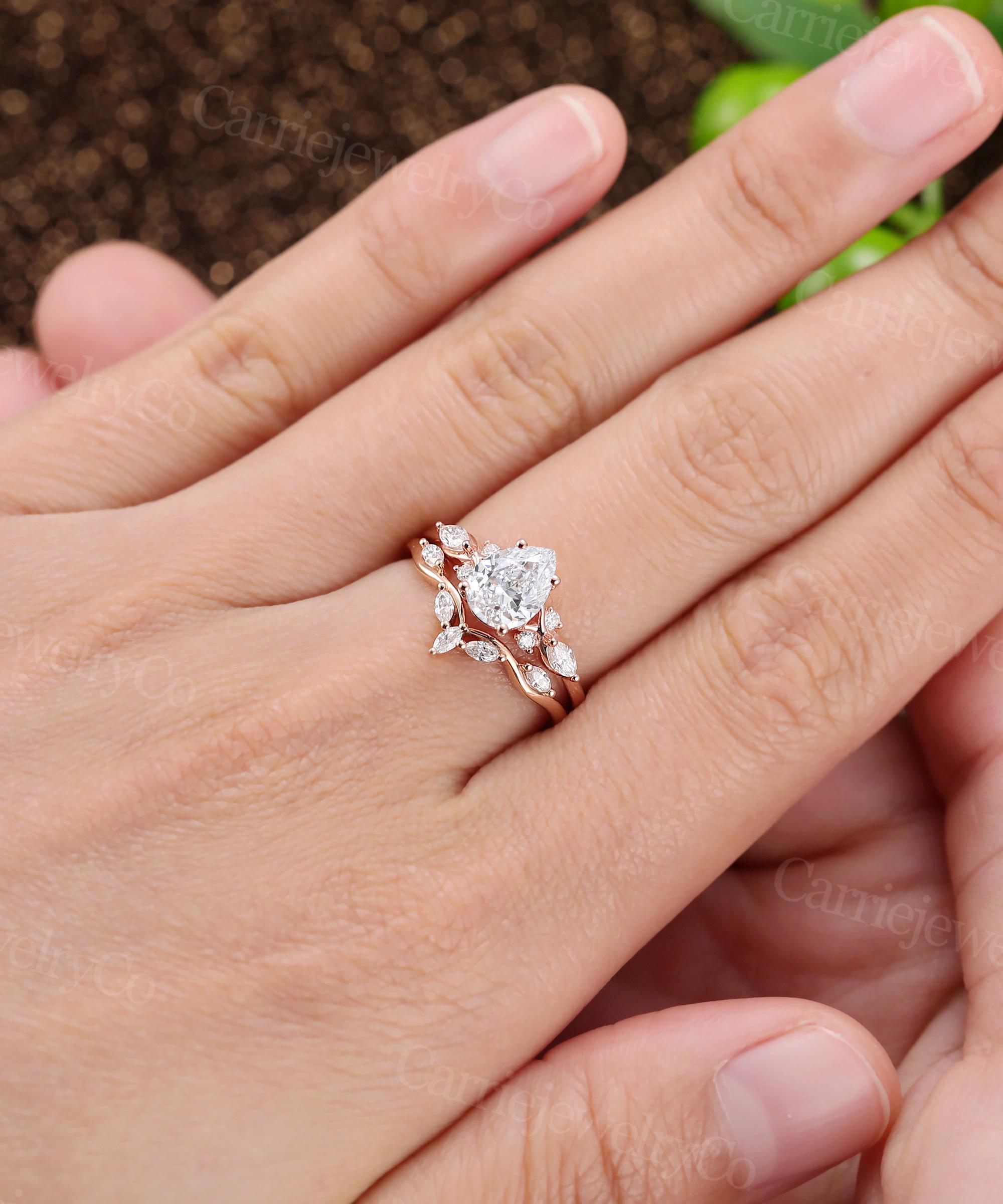 1CT IGI Certified Pear Shaped Lab Diamond Engagement Ring Set Unique ...