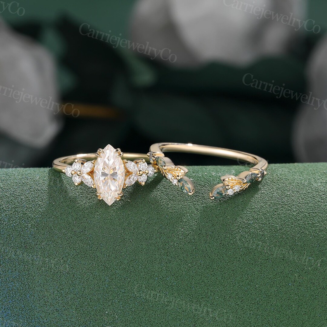 Marquise Cut Moissanite Engagement Ring Set Vintage Yellow Gold Ring ...