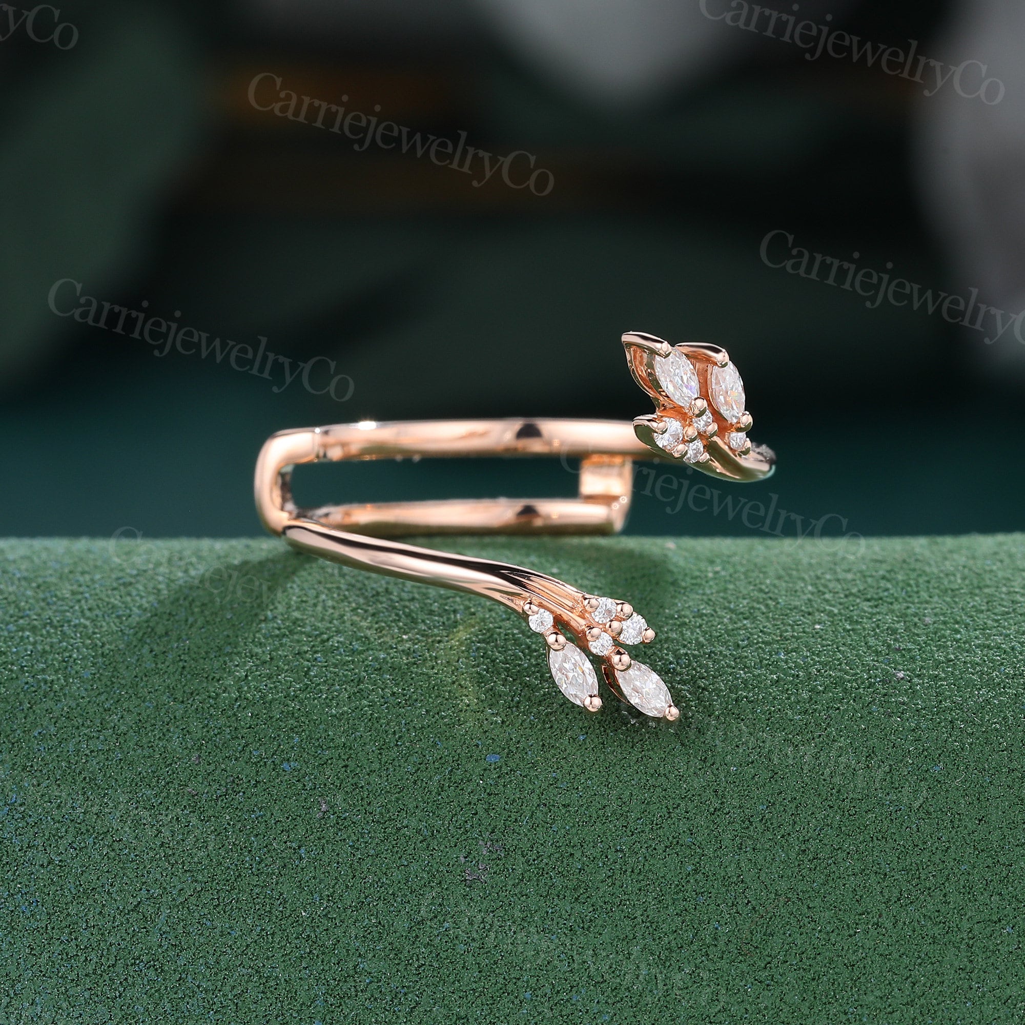 Marquise Cut Moissanite Curved Wedding Band Vintage Rose Gold Open Band ...