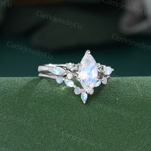 Marquise Moonstone engagement ring set unique White gold ring moissanite opal Marquise moonstone Marriage Anniversary promise wedding ring image 5