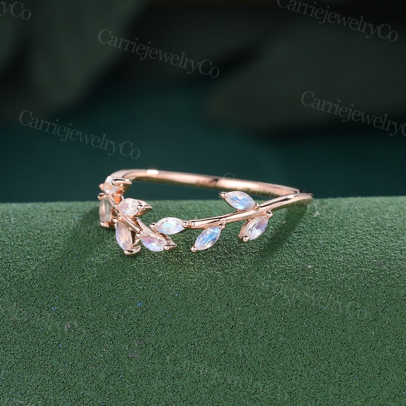 Marquise cut Moonstone wedding band Rose gold curved wedding band Unique Moonstone Stacking matching ring Promise ring Anniversary gift image 2