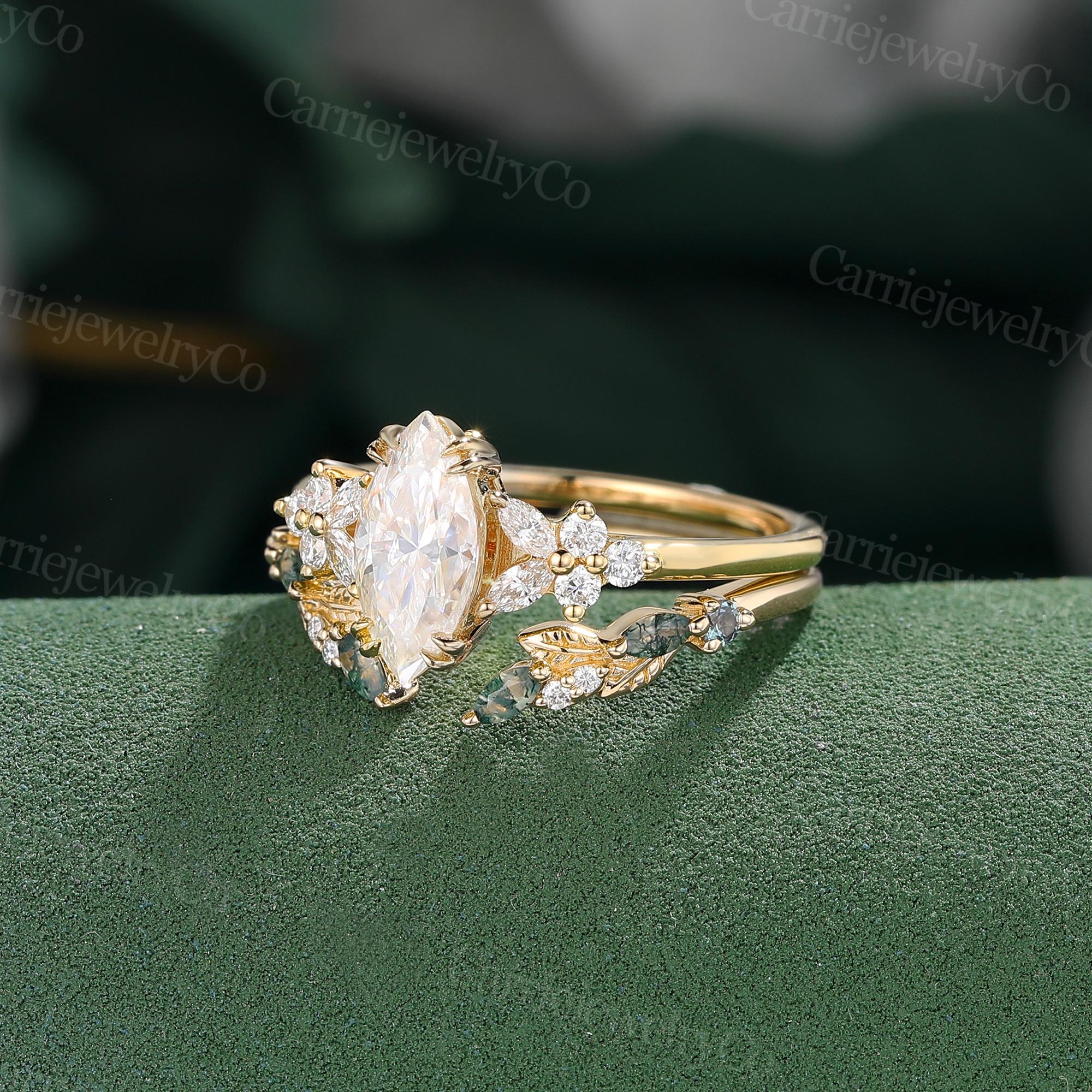 Marquise Cut Moissanite Engagement Ring Set Vintage Yellow Gold Ring ...