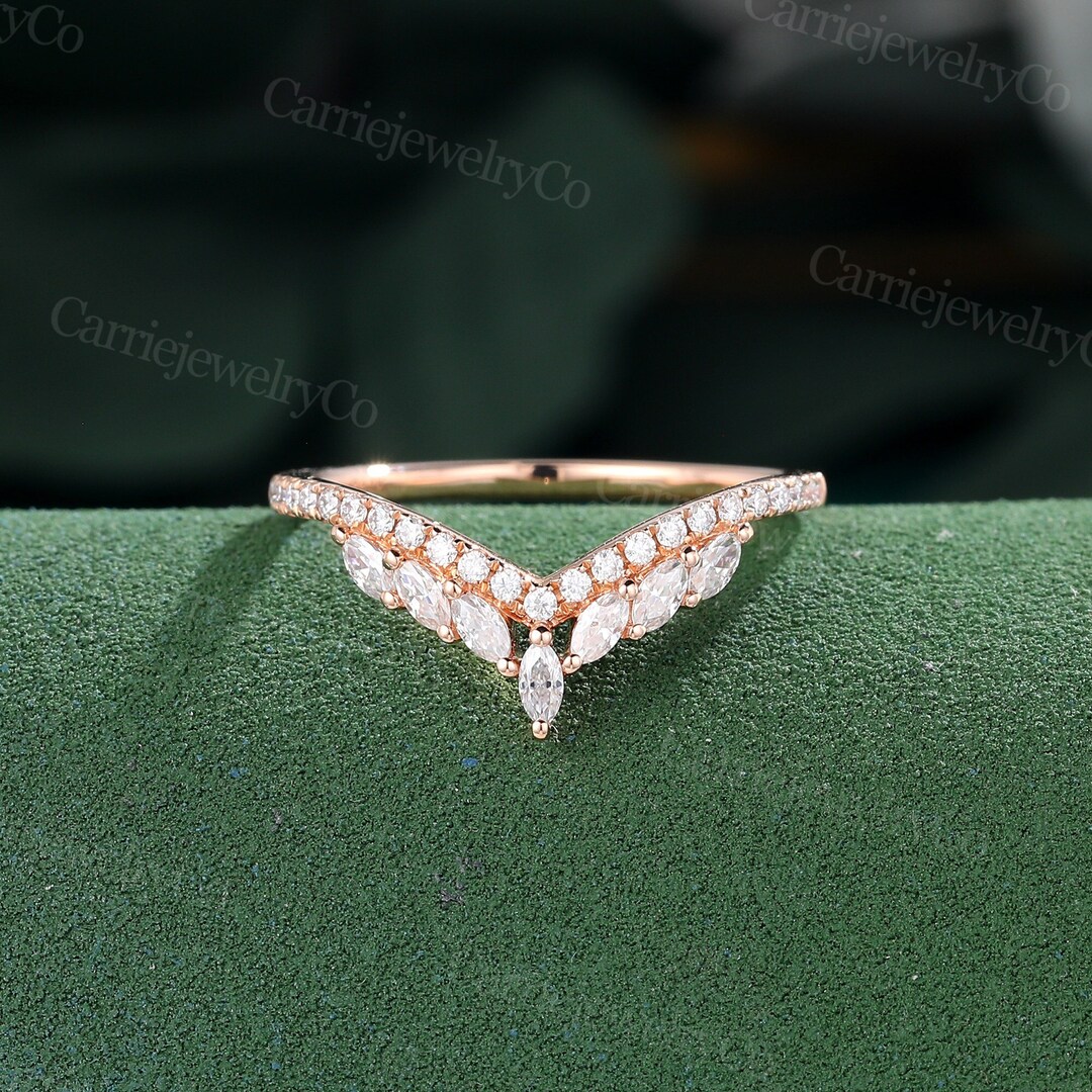 Marquise Cut Moissanite Curved Wedding Band Rose Gold Open Band Vintage ...