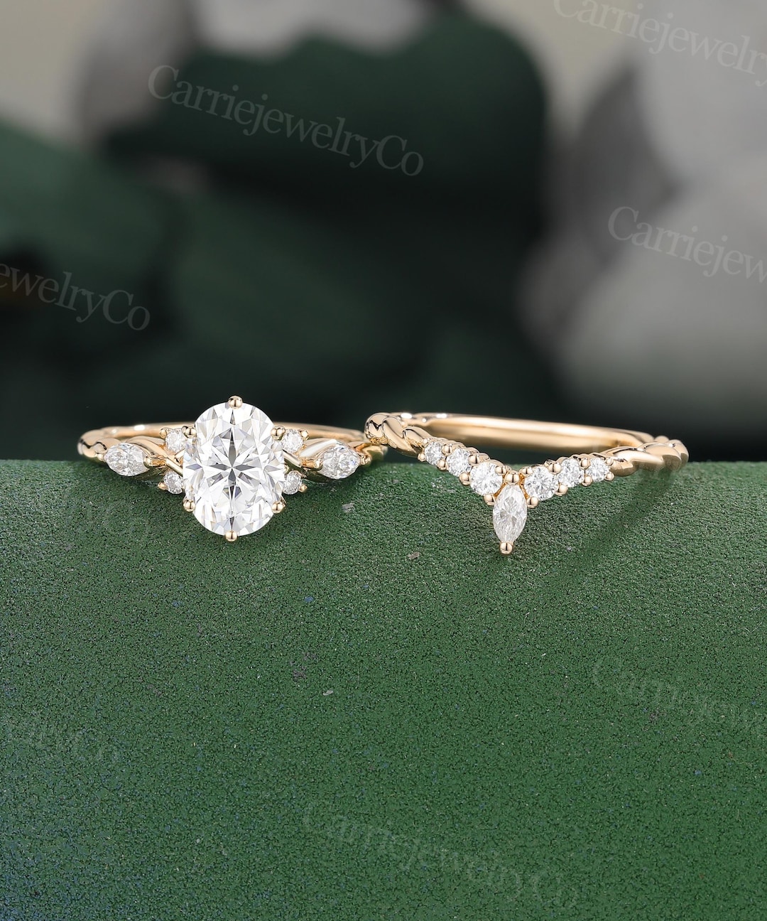 Oval Cut Moissanite Engagement Ring Set Yellow Gold Marquise Diamond ...