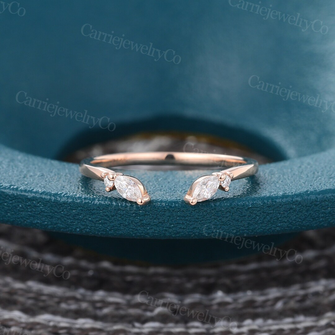 Marquise Cut Moissanite Curved Wedding Band Vintage Rose Gold Open Band ...