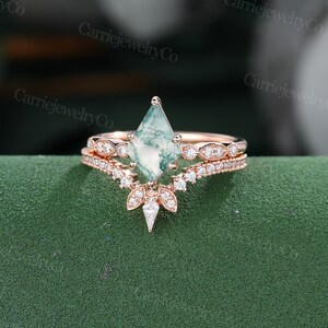 Kite Cut Moss Agate Engagement Ring Set Unique Rose Gold Ring - Etsy