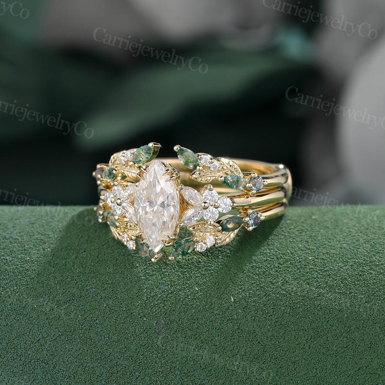 Marquise Cut Moissanite Engagement Ring Set Vintage Yellow Gold Ring ...