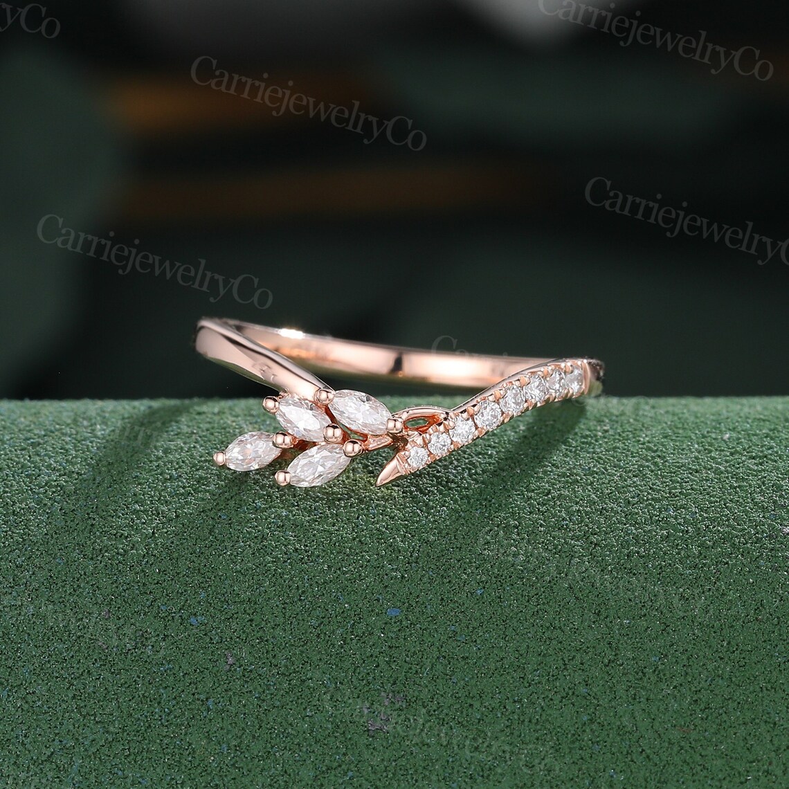 Marquise Cut Moissanite Wedding Band Vintage Rose Gold Curved Band ...