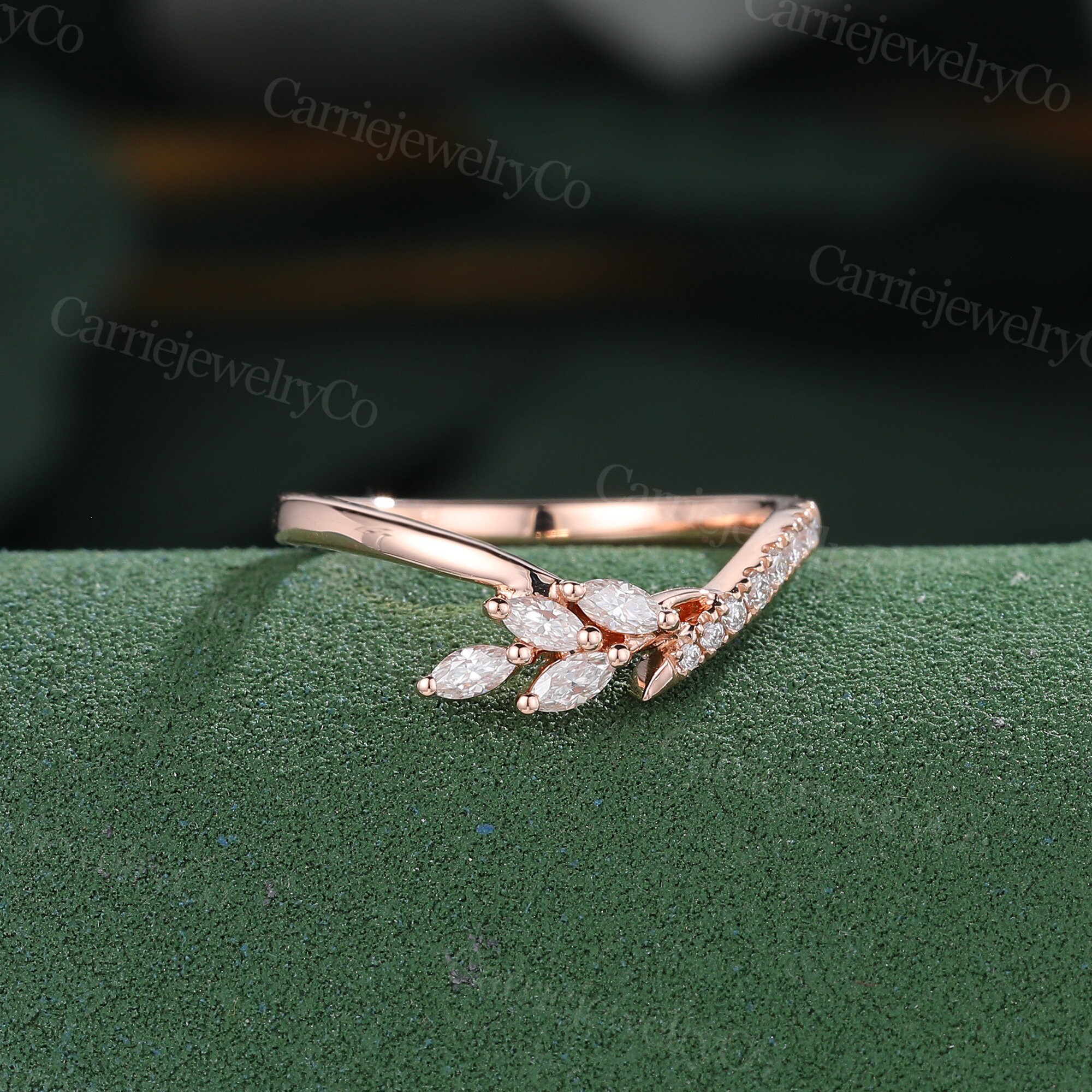 Marquise Cut Moissanite Wedding Band Vintage Rose Gold Curved Band ...