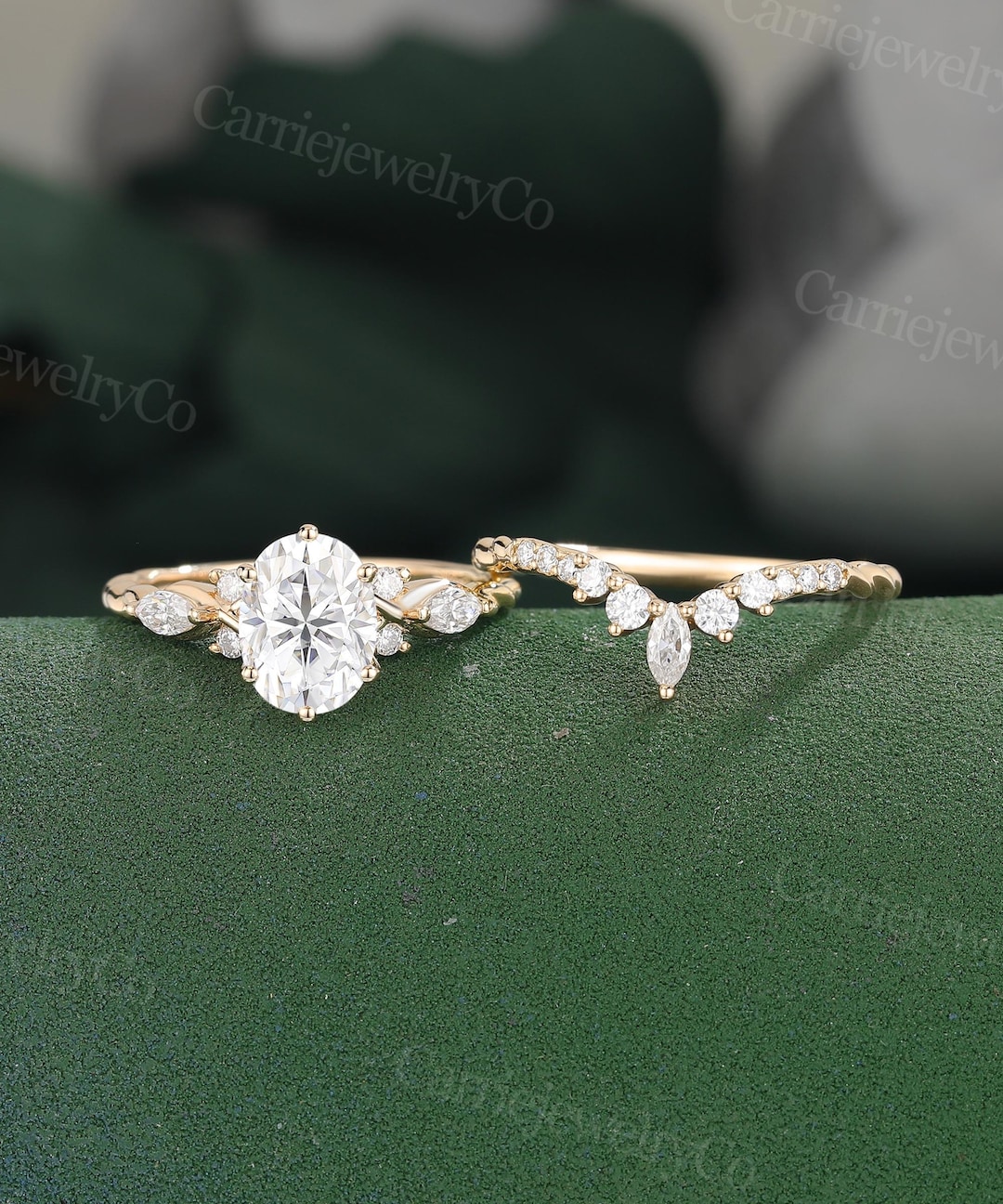 Oval Cut Moissanite Engagement Ring Set Yellow Gold 3/4 Eternity ...
