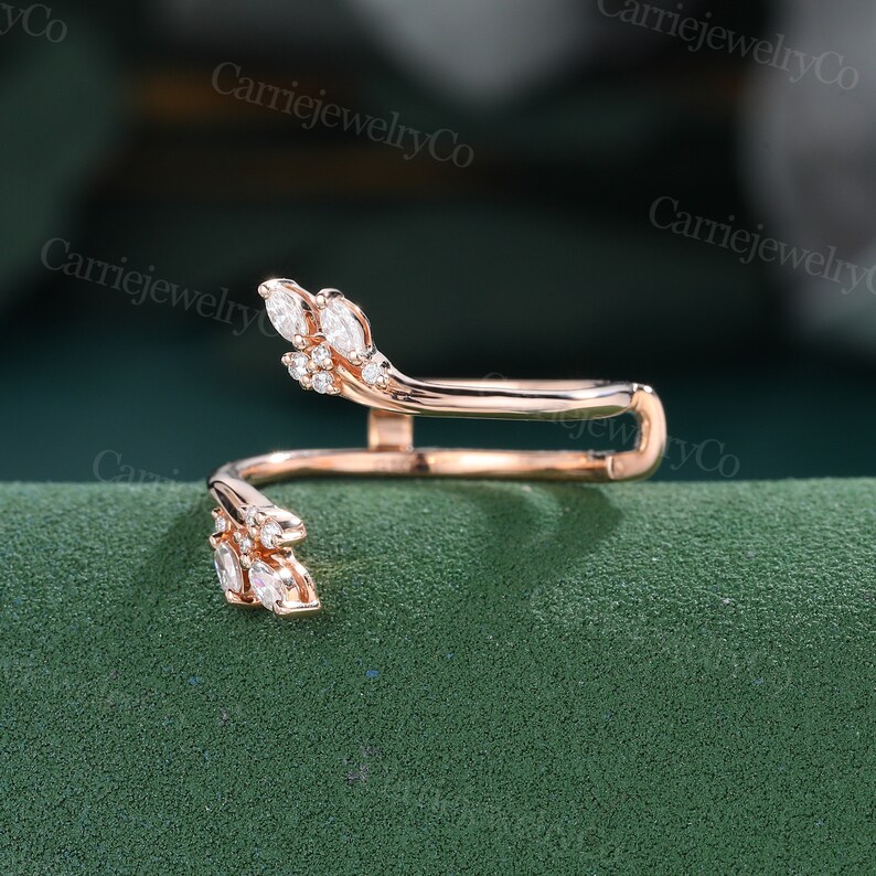 Marquise Cut Moissanite Curved Wedding Band Vintage Rose Gold Open Band ...