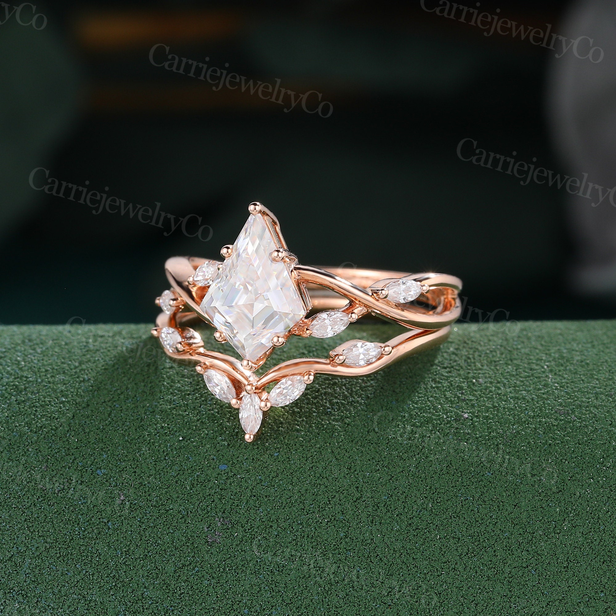 Kite Cut Moissanite Engagement Ring Set Vintage Rose Gold