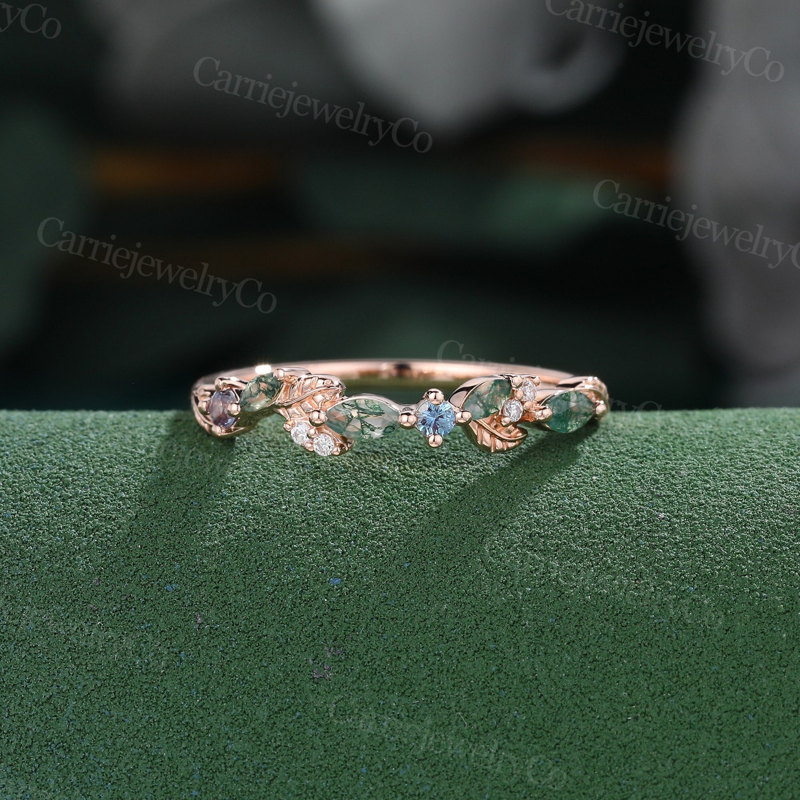 Marquise cut Moss agate Wedding band
