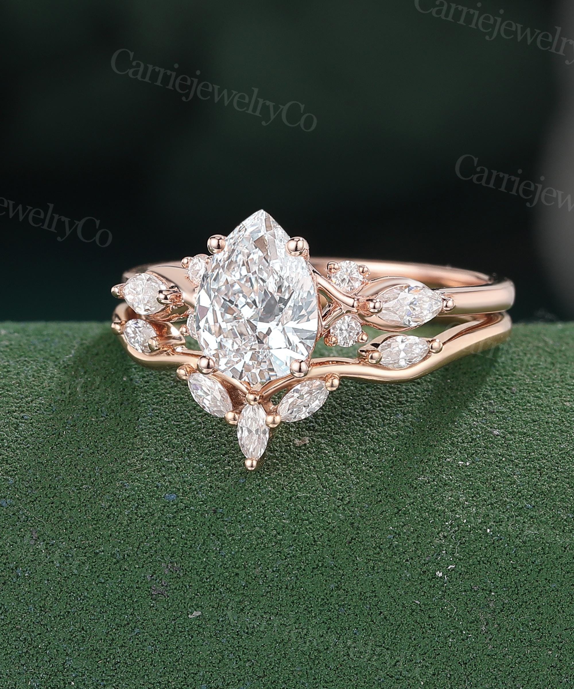 1CT IGI Certified Pear Shaped Lab Diamond Engagement Ring Set Unique ...