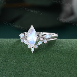 Marquise Moonstone engagement ring set unique White gold ring moissanite opal Marquise moonstone Marriage Anniversary promise wedding ring image 4