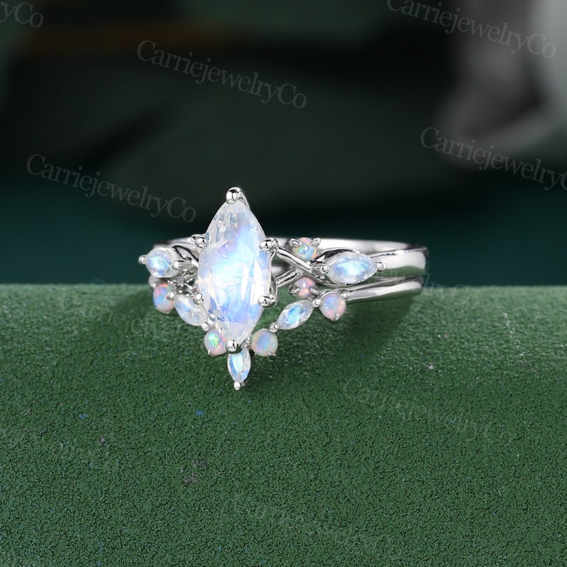 Marquise Moonstone engagement ring set unique White gold ring moissanite opal Marquise moonstone Marriage Anniversary promise wedding ring image 4
