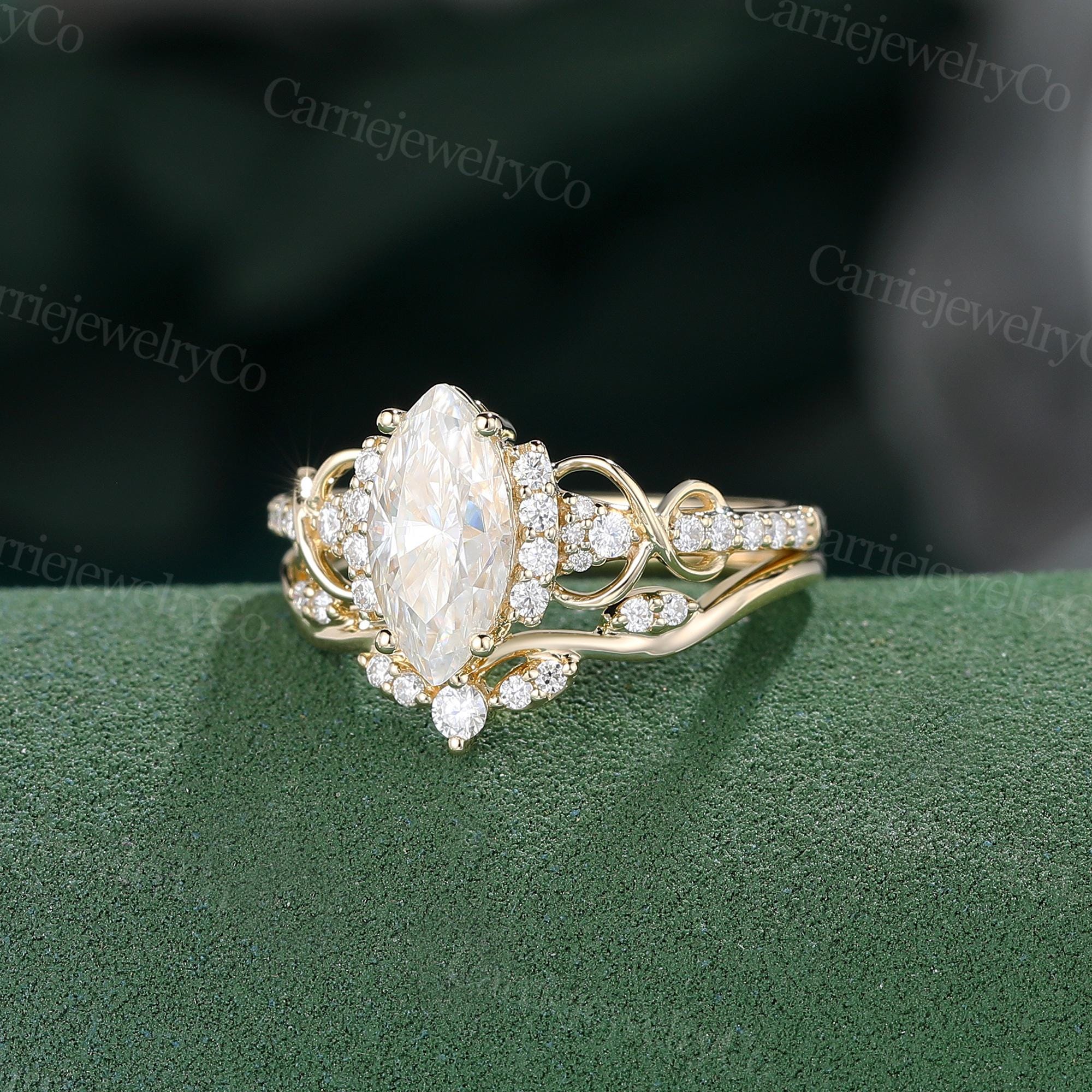 Marquise Cut Moissanite Engagement Ring Set Vintage Yellow Gold Ring ...