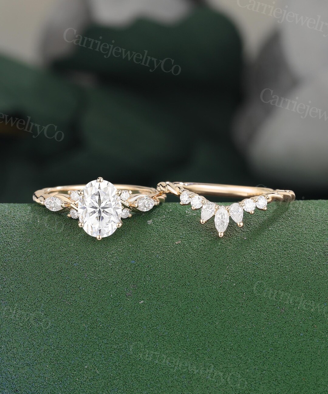 Oval Cut Moissanite Engagement Ring Set Yellow Gold 3/4 Eternity ...