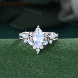 Marquise Moonstone engagement ring set unique White gold ring moissanite opal Marquise moonstone Marriage Anniversary promise wedding ring image 3